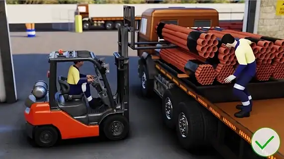 Forklift loading steel pipes safely